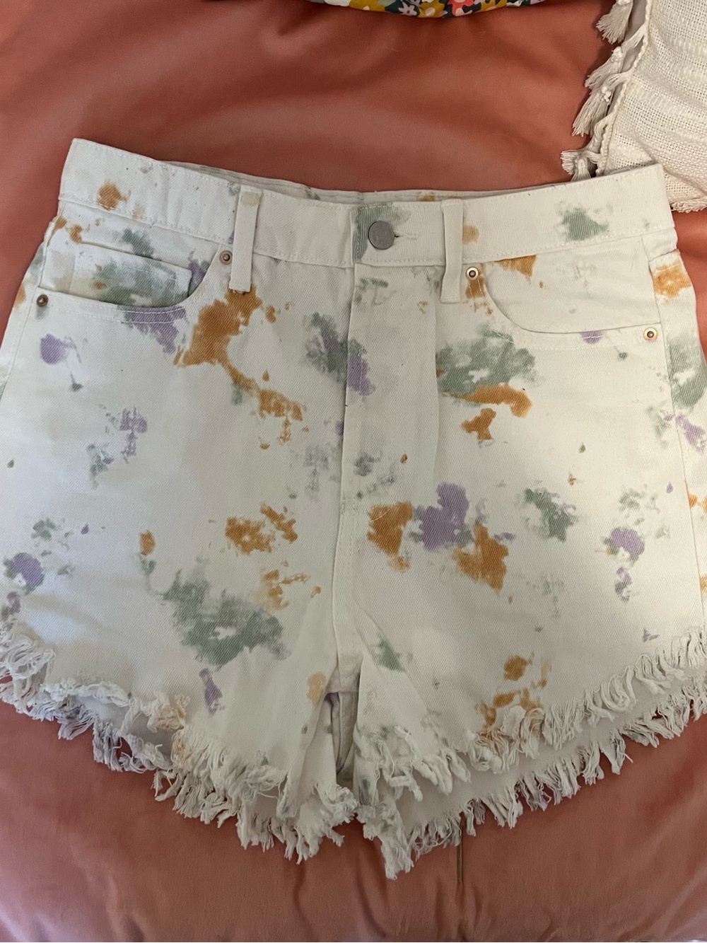 wild fable White Tie-Dye Denim Shorts with Orange, Green & Purple Splotches
